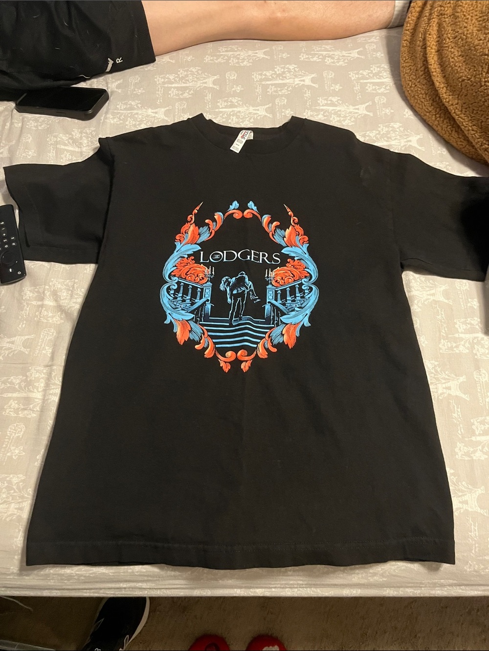 LODGER Graphic Black Tee with Blue & Orange Crest